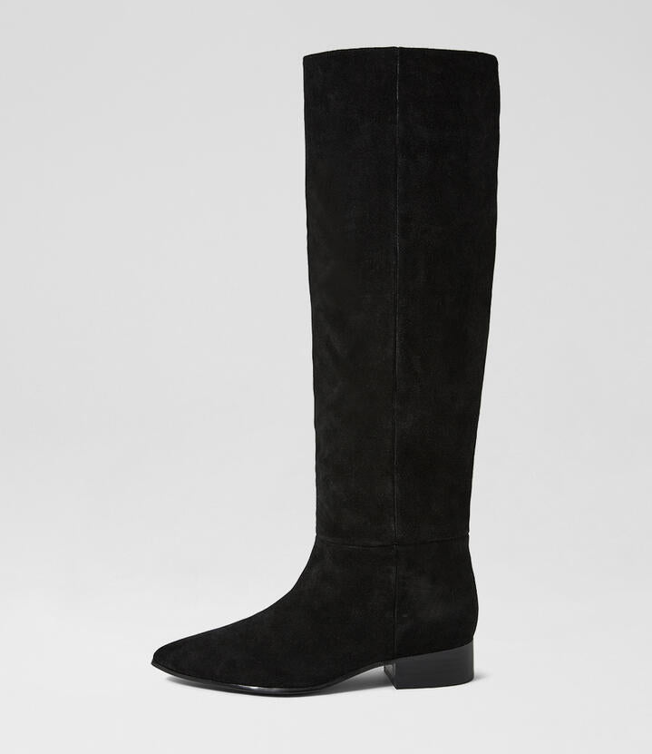 Image of Boots. Product name - Sabasti Black Suede Knee High Boots in Black-Black Heel colour by brand - MOLLINI