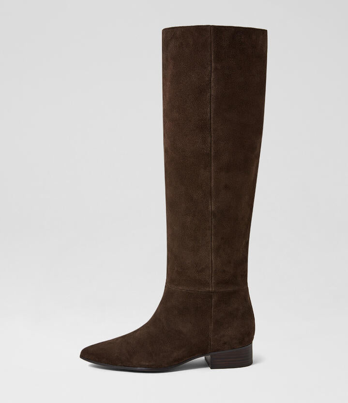 Image of Boots. Product name - Sabasti Dark Choc Black Suede Knee High Boots in Dk Choc-Black Heel colour by brand - MOLLINI