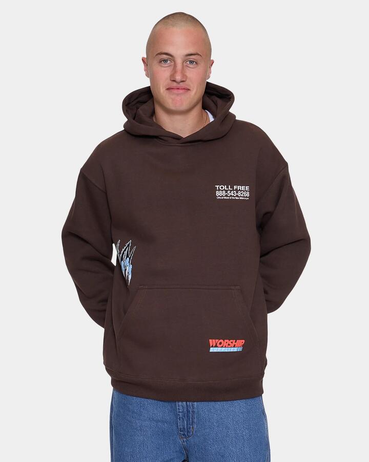Image of a model wearing Outerwear. Product name - Worship Mens Preparation Pullover Hoodie Ganache in Ganache colour by brand - Worship