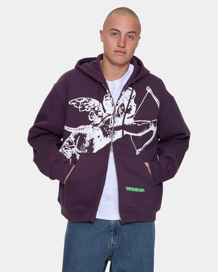 Image of a model wearing Outerwear. Product name - Worship Mens Big Cherub Zip Up Hoodie Blackberry in Blackberry colour by brand - Worship