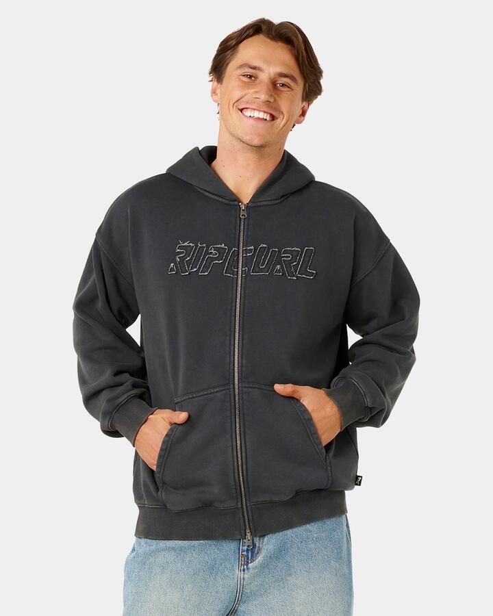Image of a model wearing Outerwear. Product name - Rip Curl Mens Liquid Trips Zip Up Hoodie Washed Black in Washed Black colour by brand - Rip Curl
