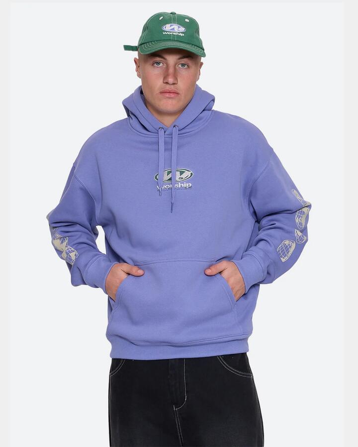 Image of a model wearing Outerwear. Product name - Worship Mens Sonic Pullover Hoodie Purple Haze in Purple Haze colour by brand - Worship