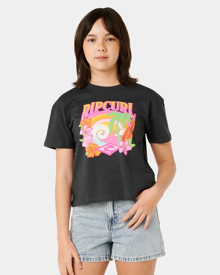 Image of T-Shirts. Product name - Rip Curl Girls 8-14 Tropical Dawn Crop T-Shirt Washed Black in Washed Black colour by brand - Rip Curl