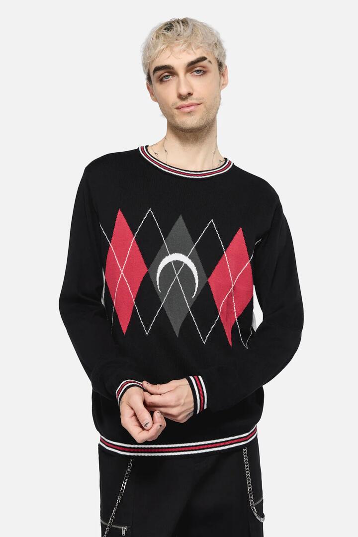 Image of a model wearing Tops. Productname: Argyle Moon Knit in Black colour by brand - Dangerfield