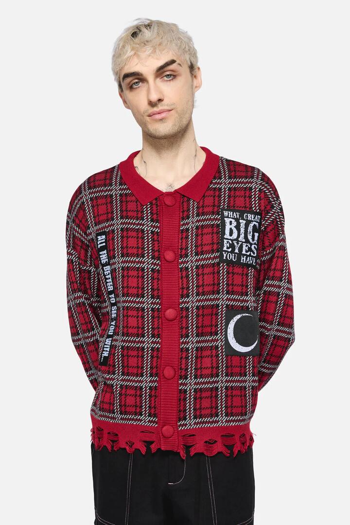 Image of Cardigans. Productname: Louve Tartan Distressed Cardi in Red colour by brand - Black Friday