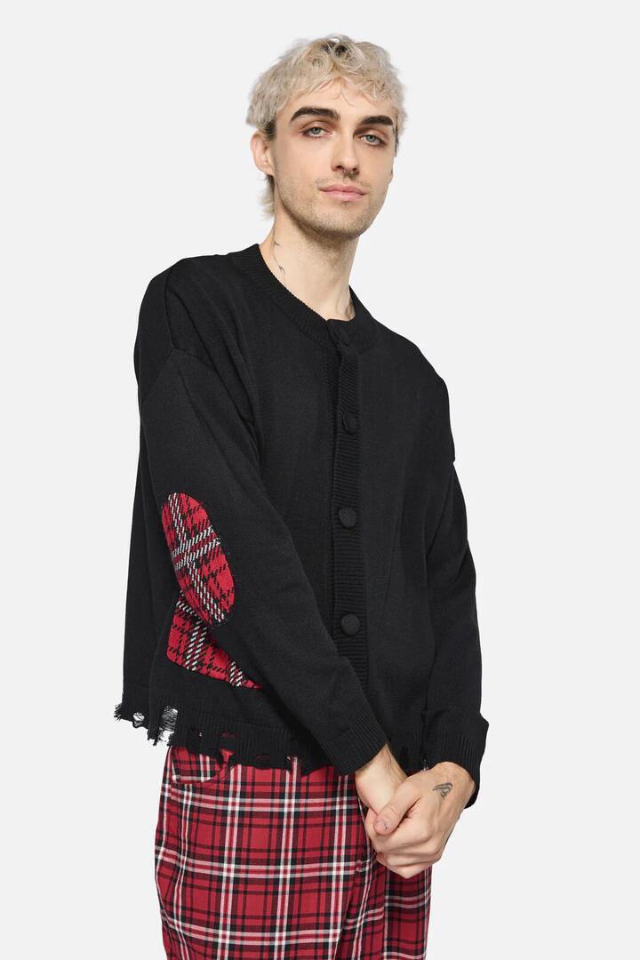 Image of Cardigans. Productname: Tartan Elbow Patch Cardi in Black colour by brand - Black Friday