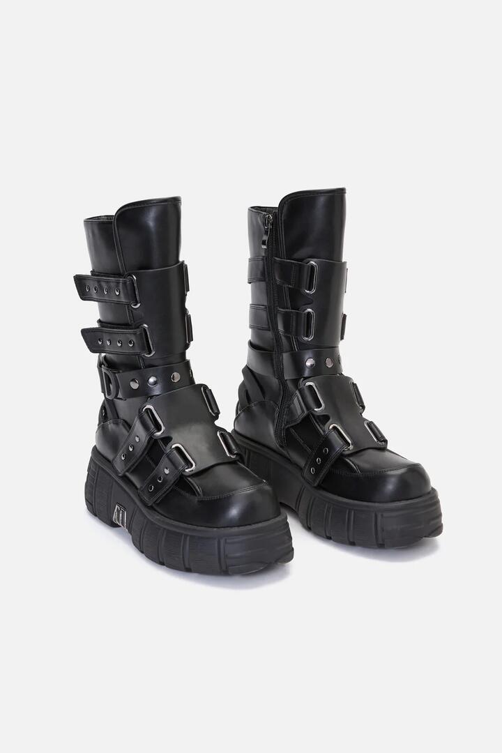 Image of Boots. Productname: Strap & Stud Moto Boot in Black colour by brand - Dangerfield