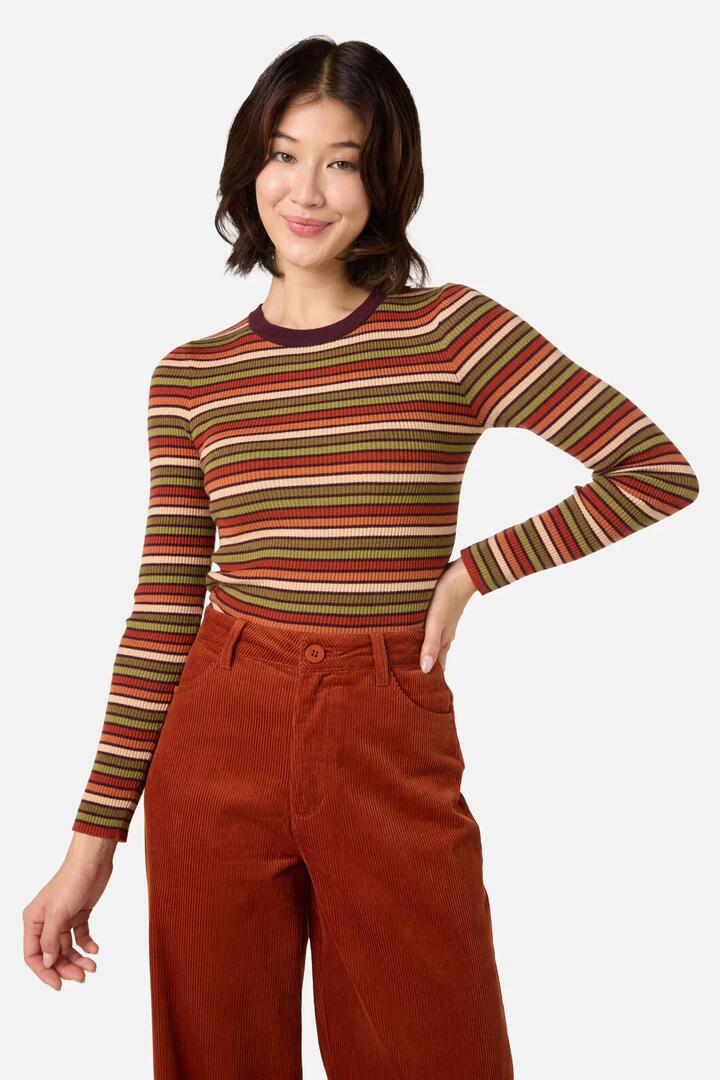 Image of a model wearing Tops. Productname: Darcy Stripe Rib Knit Top in Berry colour by brand - Princess Highway