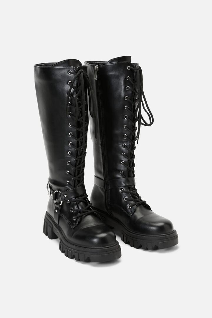 Image of Boots. Productname: Biker Detail Knee High Boot in Black colour by brand - Dangerfield