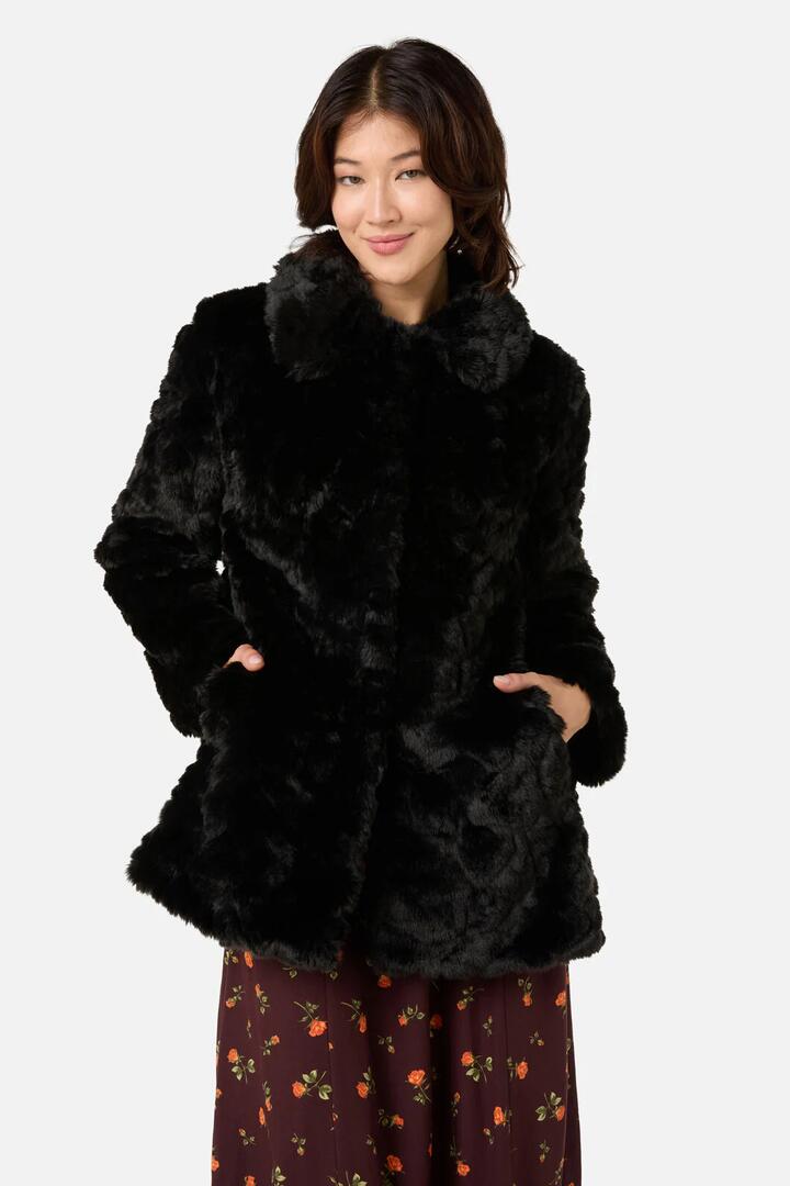 Image of a model wearing Outerwear. Productname: Belinda Fur Coat in Red colour by brand - Princess Highway