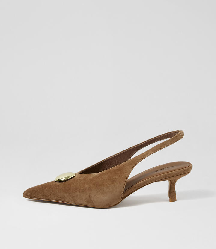 Image of Heels. Product name - Dalles Oak Gold Suede Pump Heels in Oak-Gold colour by brand - MOLLINI