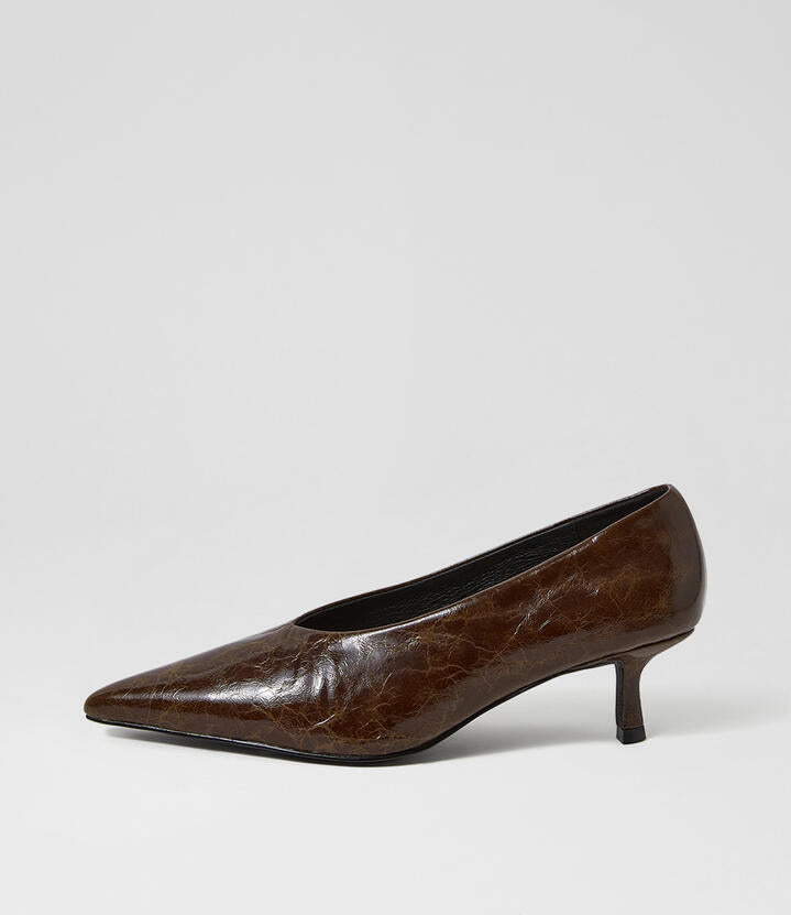Image of Heels. Product name - Dais Choc Leather Pump Heels in Choc colour by brand - MOLLINI