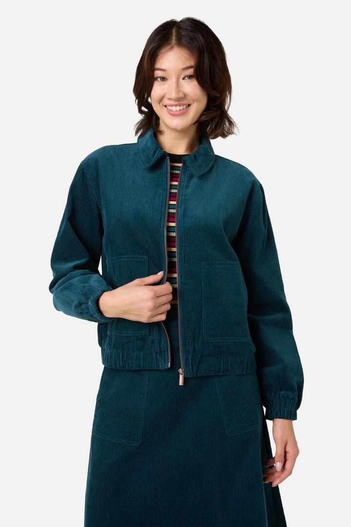 Image of a model wearing Outerwear. Productname: Jamie Cord Bomber Jacket in Teal colour by brand - Princess Highway