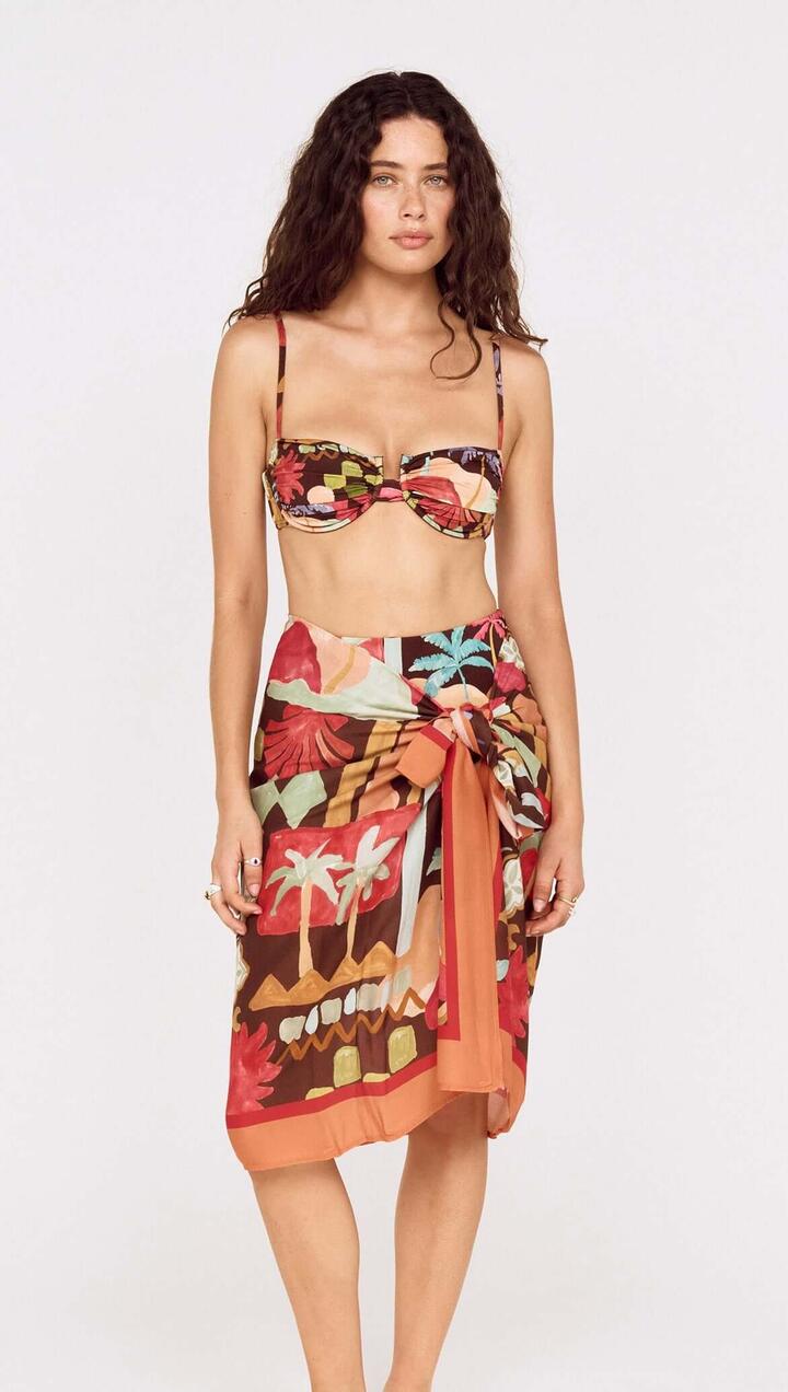 Image of a model wearing Skirts. Product name - Vinatage Coastal Print Long Sarong in Cocoa Coast colour by brand - MINKPINK