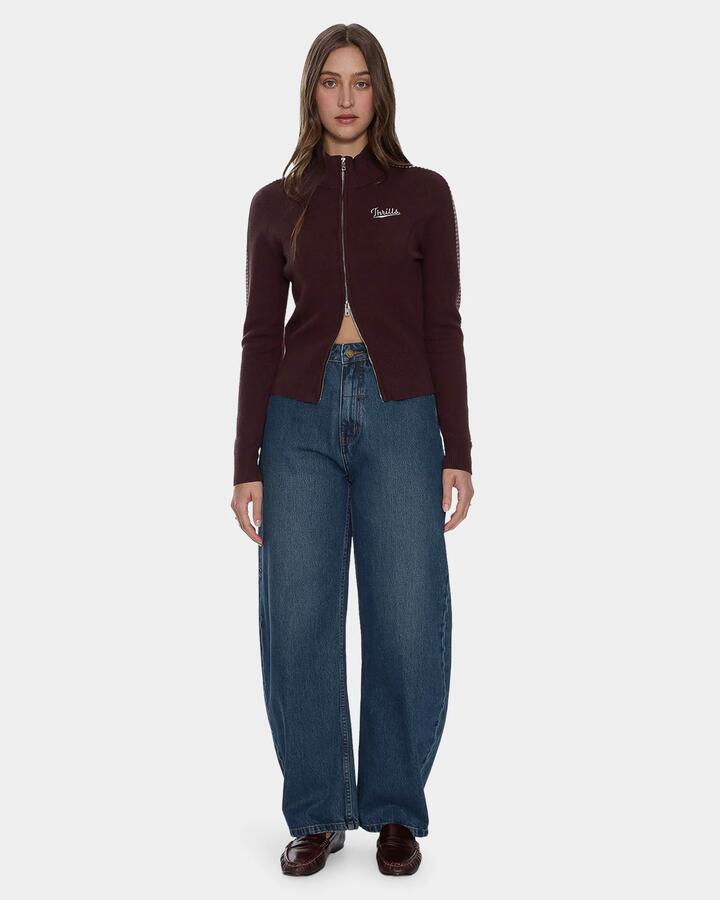 Image of a model wearing Outerwear. Product name - Thrills Womens Final Call Zip Knit Sweater Bitter Chocolate in Bitter Chocolate colour by brand - Thrills
