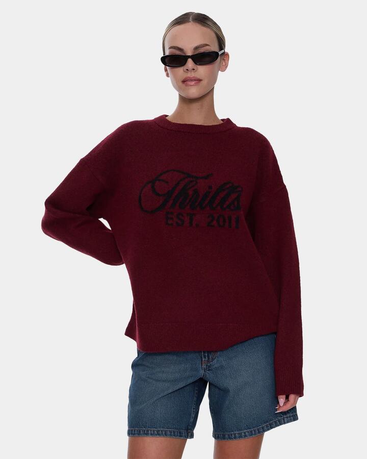 Image of a model wearing Tops. Product name - Thrills Womens Bloodlines Knit Crew Neck New Maroon in New Maroon colour by brand - Thrills