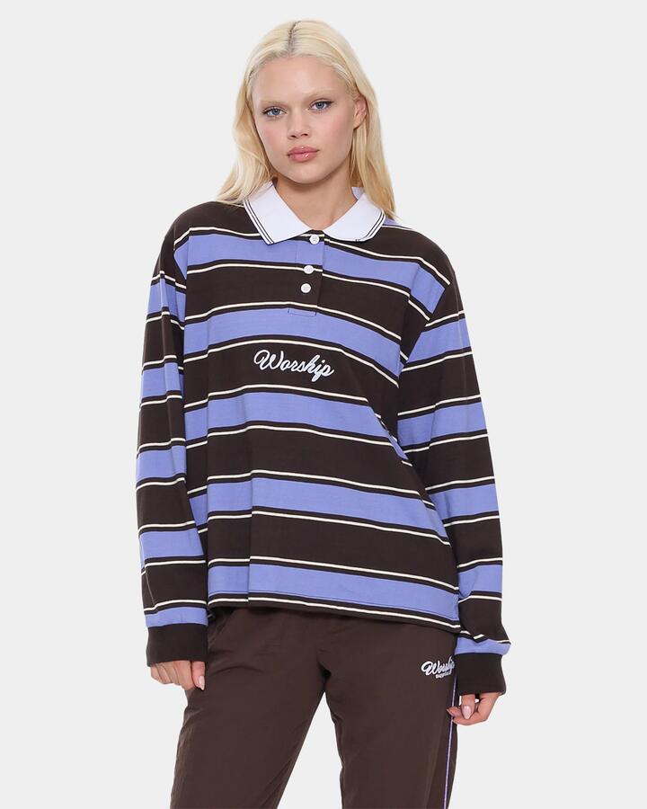 Image of a model wearing Tops. Product name - Worship Womens Coed Striped Polo Long Sleeve Shirt Ganache in Ganache colour by brand - Worship