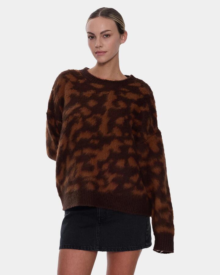Image of a model wearing Tops. Product name - Thrills Womens Smokeform Knit Crew Neck Burnished Gold in Burnished Gold colour by brand - Thrills