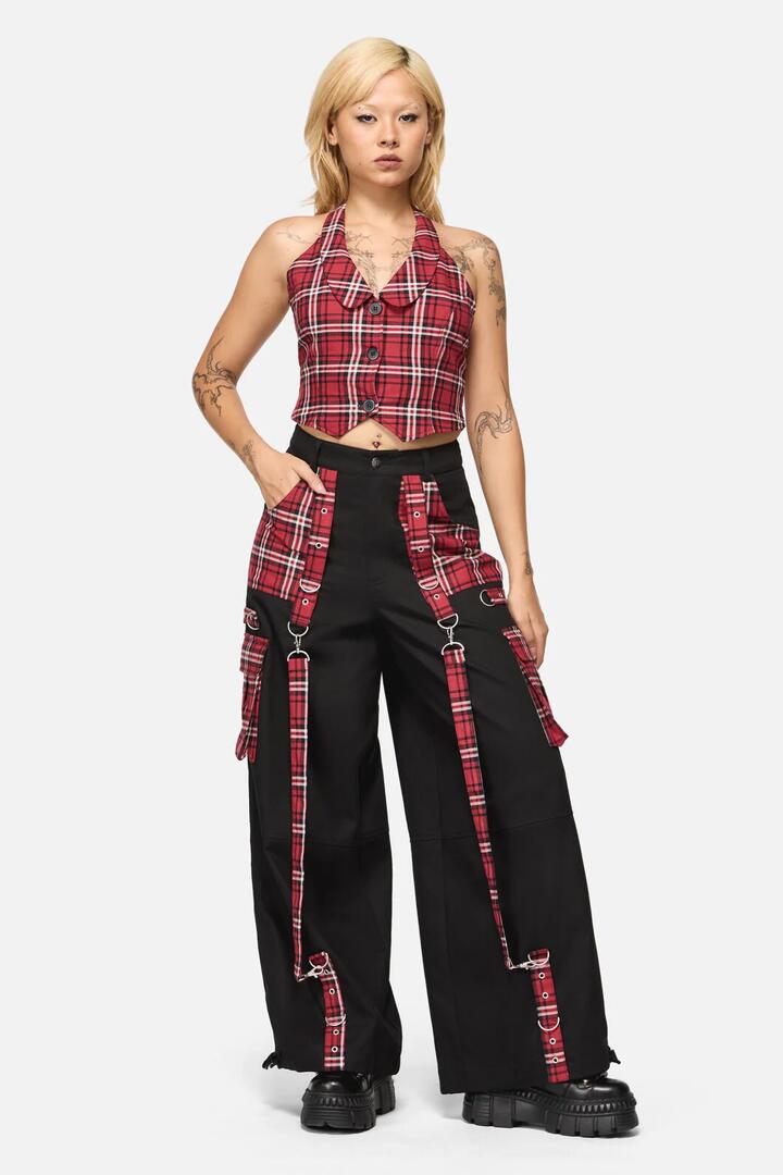 Image of a model wearing Pants. Productname: Louve Punk Tartan Cargo Pant in Red/Black colour by brand - Black Friday