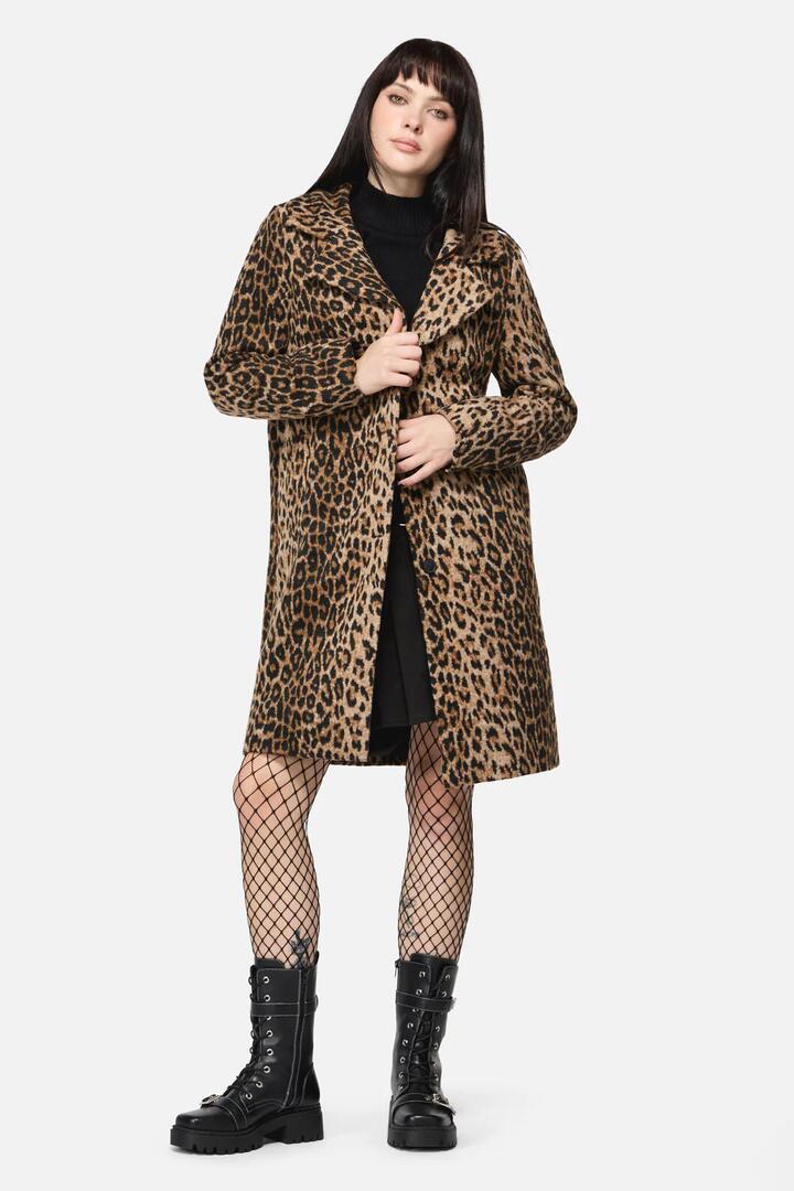 Image of a model wearing Outerwear. Productname: Creep Leopard Coat in Multi colour by brand - Dangerfield
