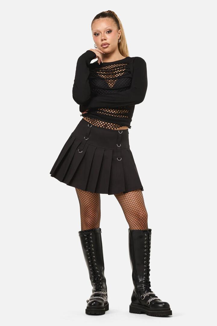 Image of a model wearing Skirts. Productname: Wolves Punk Mini Skirt in Black colour by brand - Dangerfield