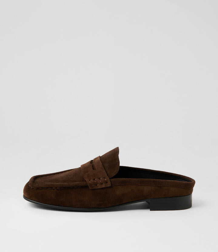 Image of Flats. Product name - Asteff Espresso Suede Loafers in Espresso colour by brand - MOLLINI