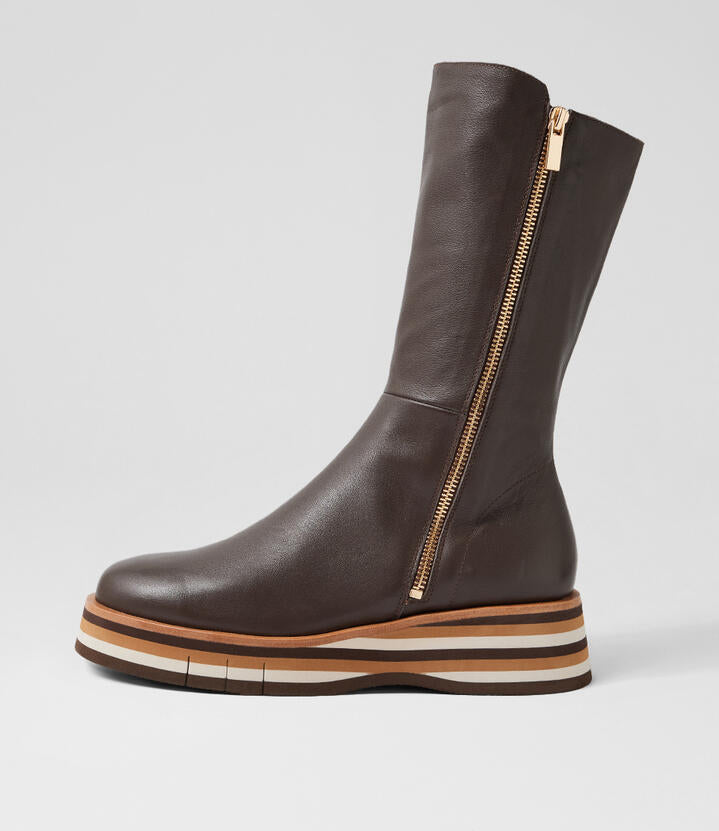 Image of Boots. Product name - Goalie Choc Tan Multi Leather Calf Boots in Choc-Choc&Tan Multi colour by brand - MIDAS