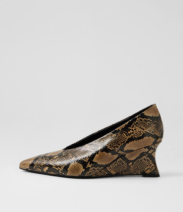 Image of Boots. Product name - Camye Fawn Black Leather Wedges in Fawn&Black colour by brand - MOLLINI
