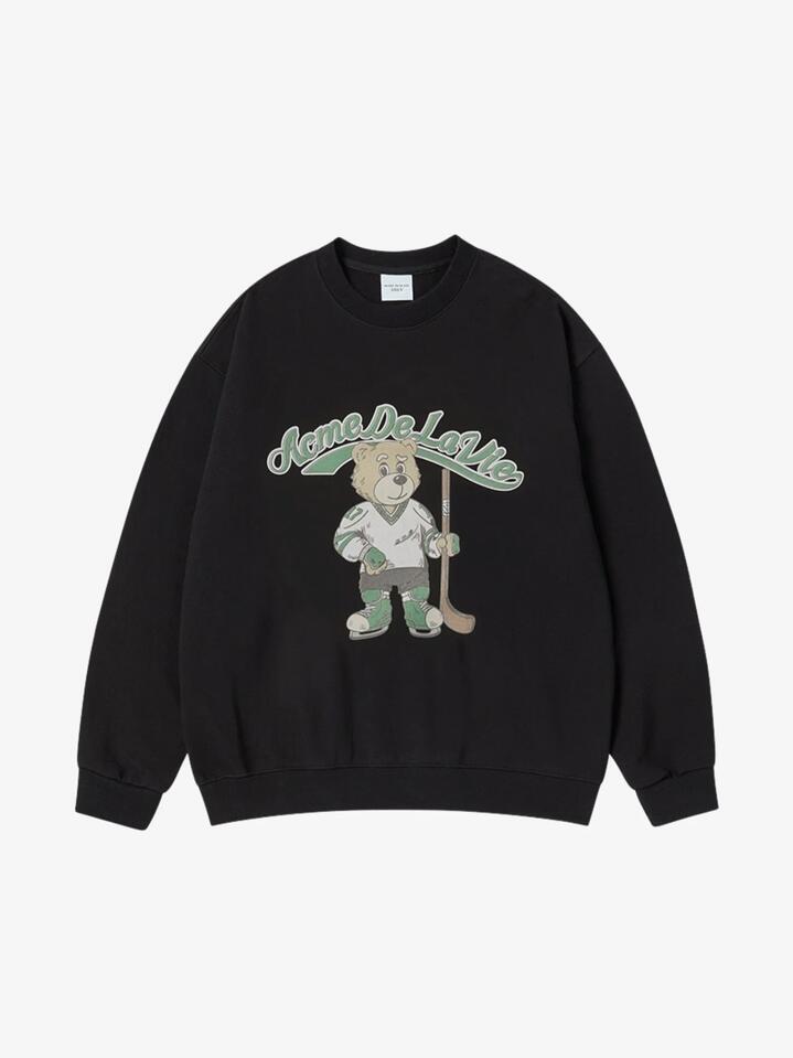 Image of a model wearing Outerwear. Productname: ADLV Vintage Mascot Ac Bear Sweatshirt in Black colour by brand - ADLV