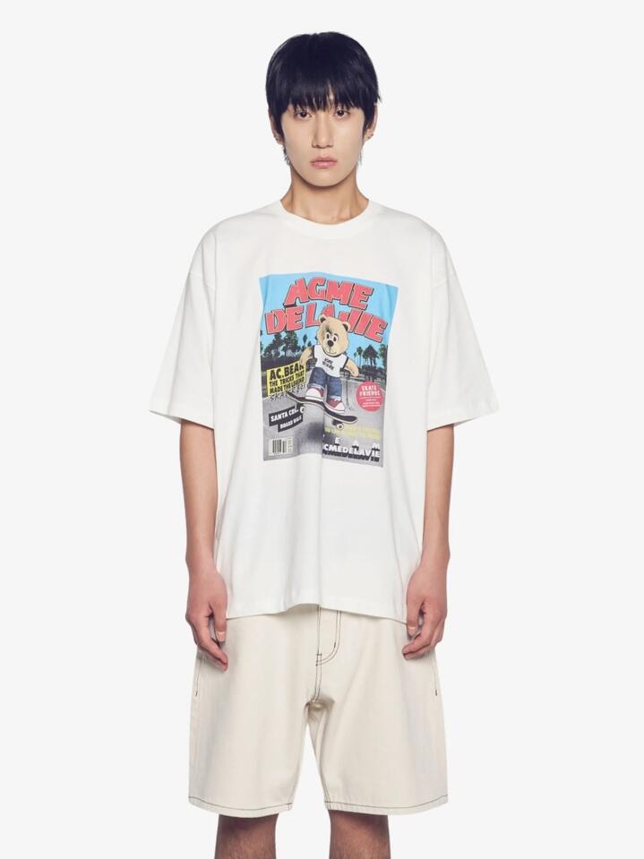 Image of a model wearing Tops. Productname: ADLV Magazine Ac Bear Short Sleeve T-Shirt in Cream colour by brand - ADLV