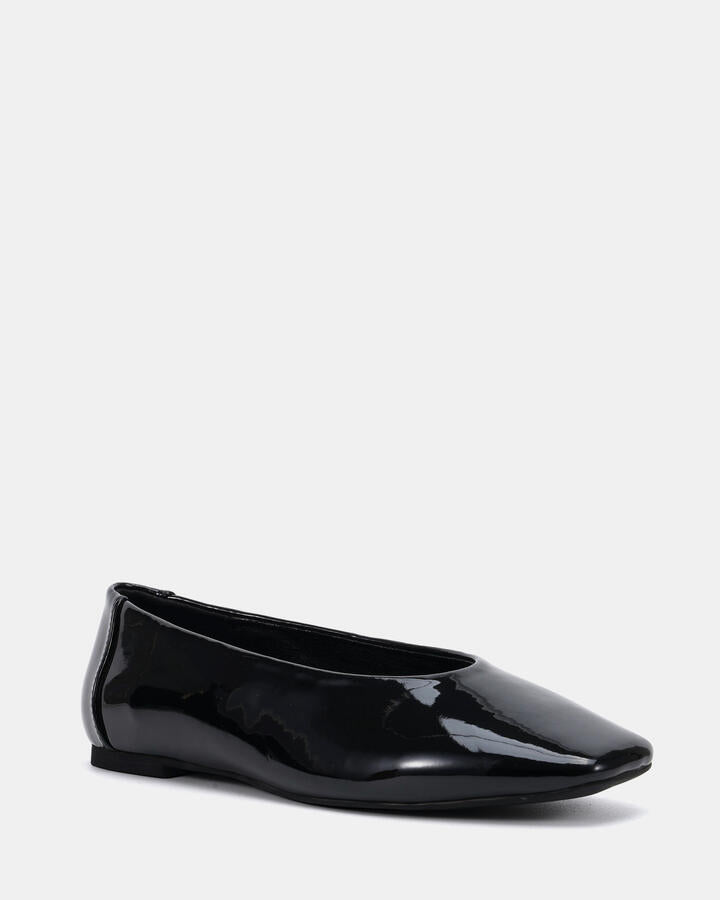 Image of Flats. Product name - Cheddar Black Patent Vegan Flats in Black colour by brand - Novo