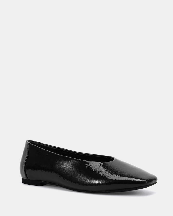 Image of Flats. Product name - Cheddar Black Crinkle Patent Vegan Flats in Black Crinkle Patent colour by brand - Novo
