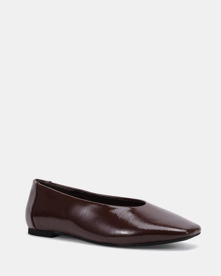 Image of Flats. Product name - Cheddar Plum Crinkle Patent Vegan Flats in Plum Crinkle Patent colour by brand - Novo