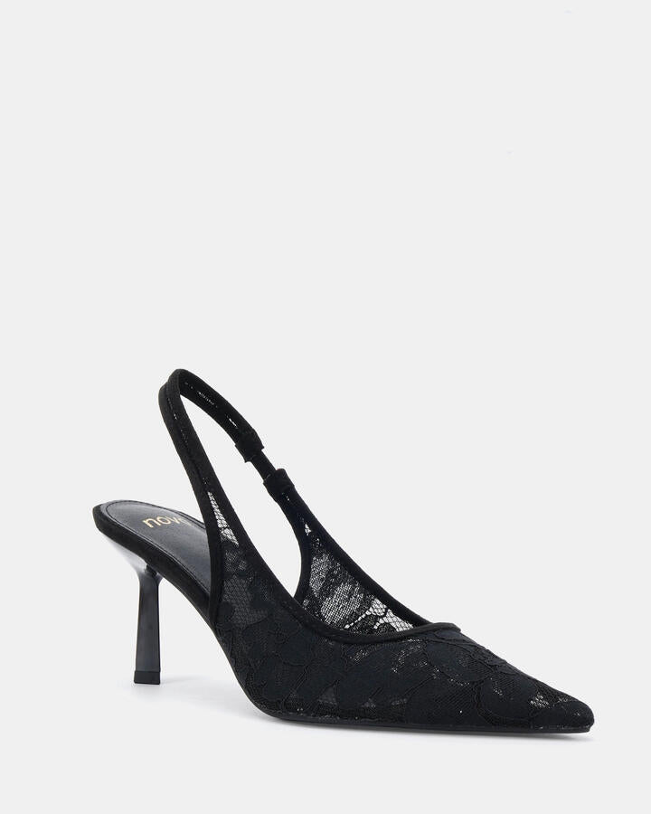 Image of a model wearing Skirts. Product name - Iraya Black Lace Pumps in Black Lace colour by brand - Novo