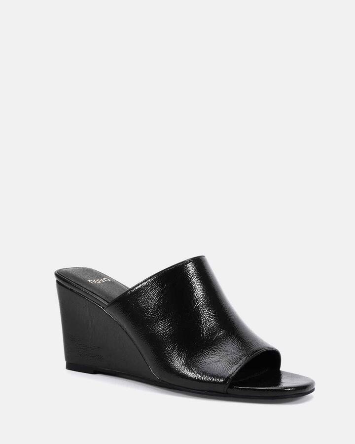 Image of Boots. Product name - Balistic Black Crinkle Patent Vegan Wedges in Black Crinkle Patent colour by brand - Novo