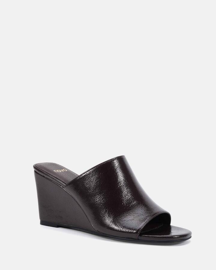 Image of Boots. Product name - Balistic Espresso Crinkle Patent Vegan Wedges in Espresso Crinkle Patent colour by brand - Novo