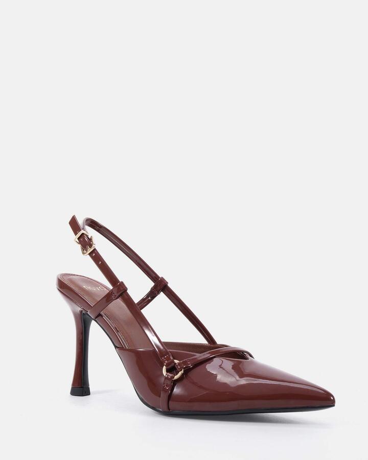 Image of Heels. Product name - Idle Plum Patent Vegan Heels in Plum Patent colour by brand - Novo