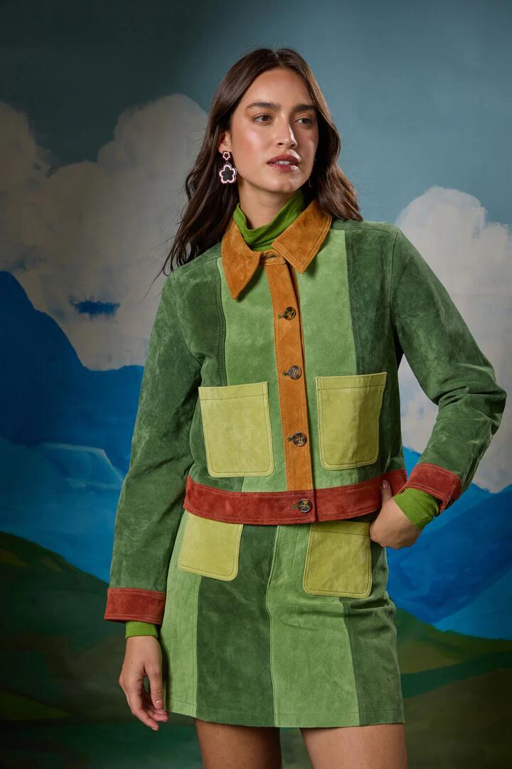 Image of Coats & Jackets. Product name - 70âs Patch Suede Jacket in Multi colour by brand - Gorman