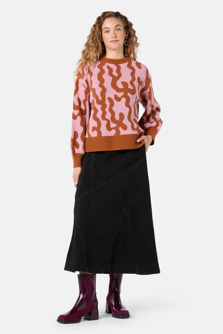Image of a model wearing Skirts. Product name - Whitney Denim Midi Skirt in Grey colour by brand - Gorman
