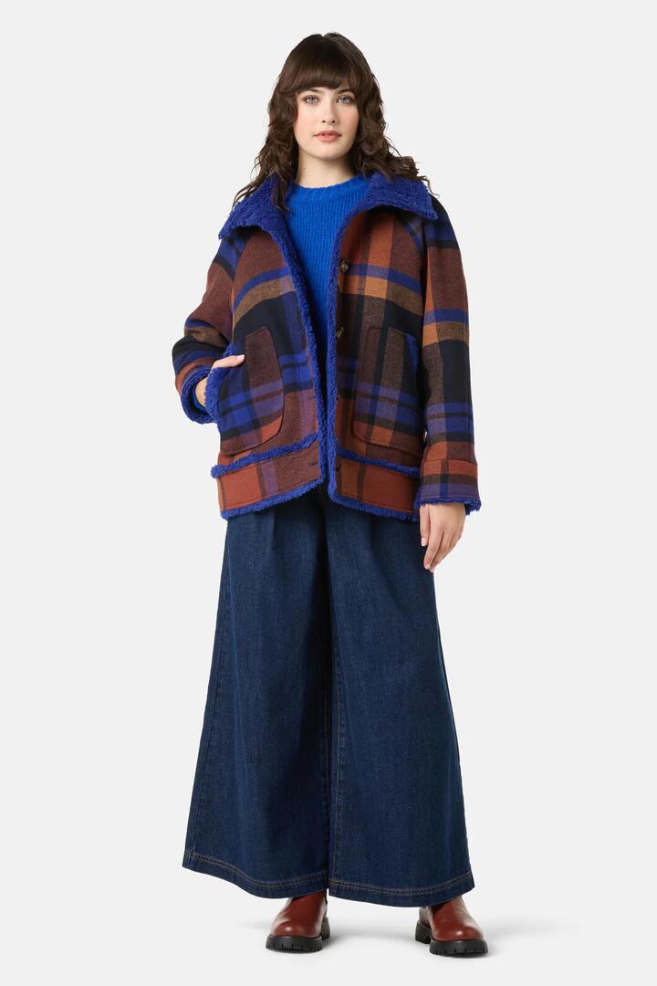 Image of a model wearing Outerwear. Product name - Angela Check Coat in Check colour by brand - Gorman