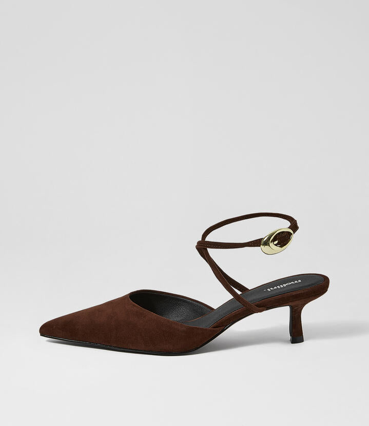 Image of Heels. Product name - Dalot Deep Choc Suede Pump Heels in Deep Choc colour by brand - MOLLINI