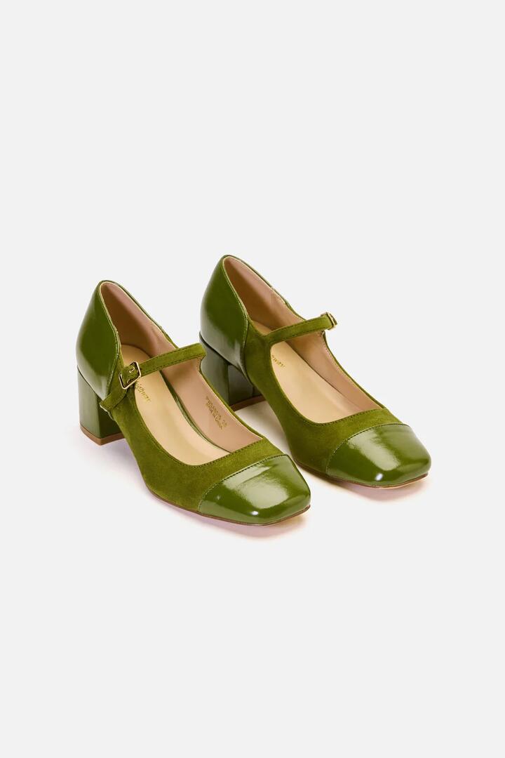 Image of Flats. Productname: Olive Two Fabric Mary Jane in Olive colour by brand - Princess Highway