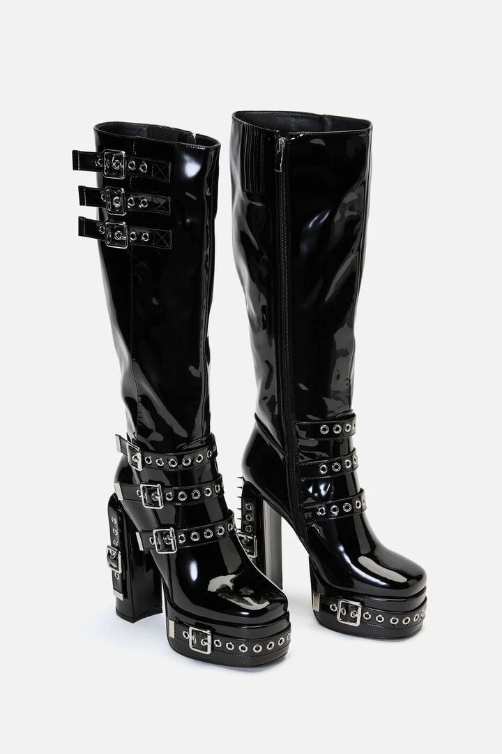 Image of Boots. Productname: Knee High Patent Buckle Spike Boots in Black colour by brand - Black Friday