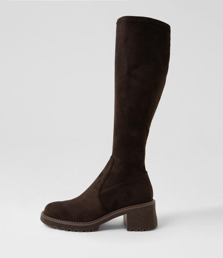 Image of Boots. Product name - Zarah Slim Choc Microsuede Knee High Boots in Choc colour by brand - MIDAS