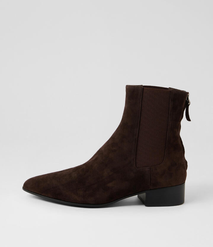 Image of Boots. Product name - Sarloa Dark Choc Suede Ankle Boots in Dk Choc colour by brand - MOLLINI