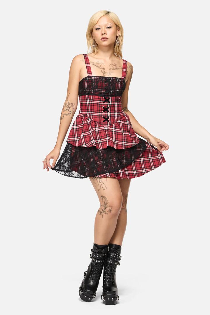 Image of Dresses. Productname: Louve Tartan Tiered Lace Dress in Red colour by brand - Black Friday