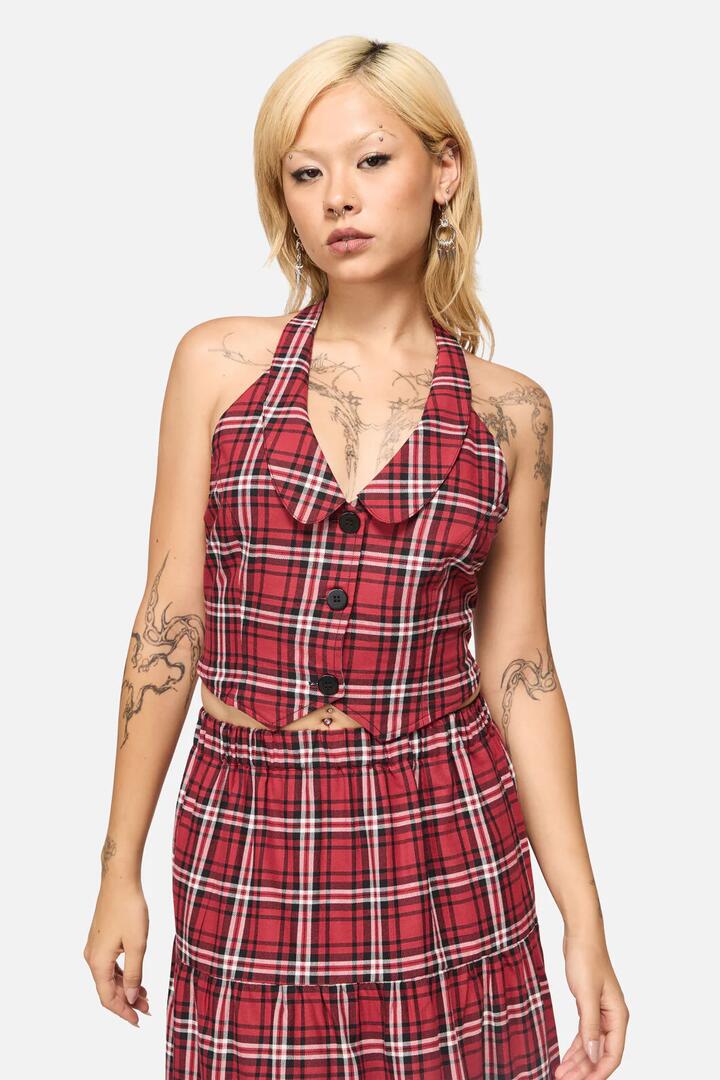 Image of a model wearing Tops. Productname: Louve Tartan Fitted Halter Top in Red colour by brand - Black Friday