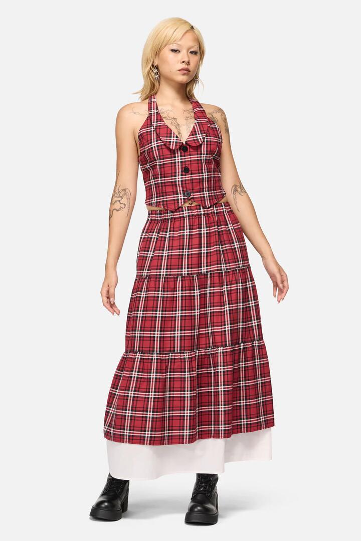 Image of a model wearing Skirts. Productname: Louve Tartan Tiered Midi Skirt in Red colour by brand - Black Friday