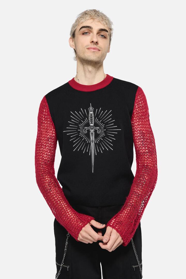 Image of a model wearing Tops. Productname: Dagger Goth Distressed Knit in Black Red colour by brand - Dangerfield