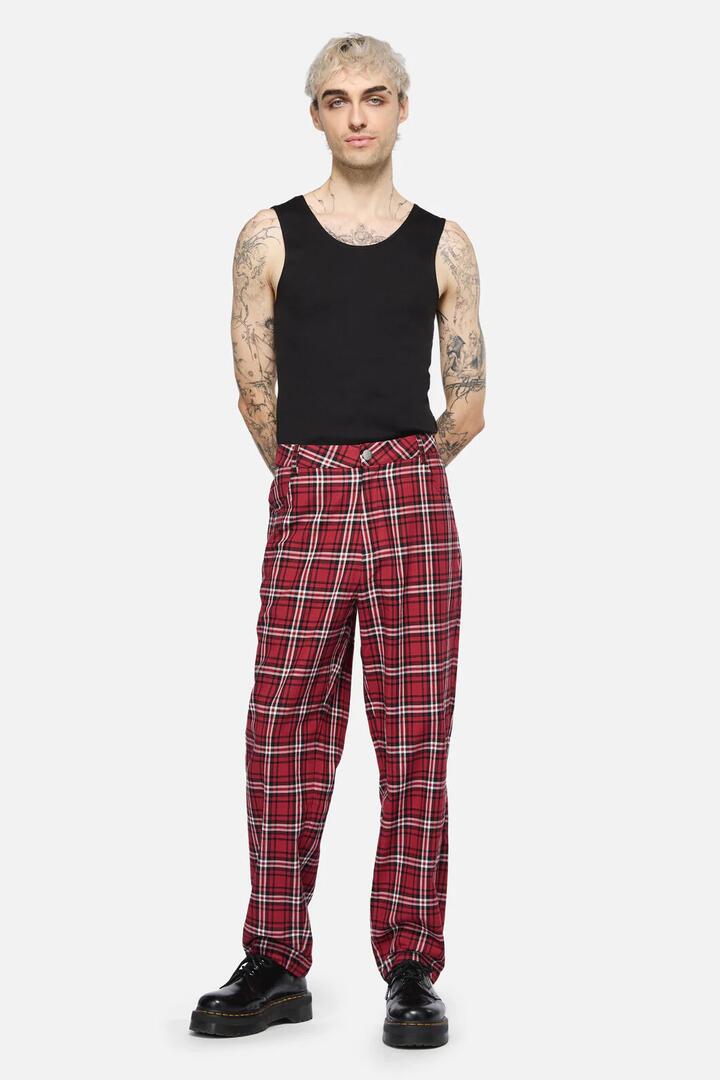 Image of a model wearing Pants. Productname: Louve Tartan Pant in Red colour by brand - Black Friday